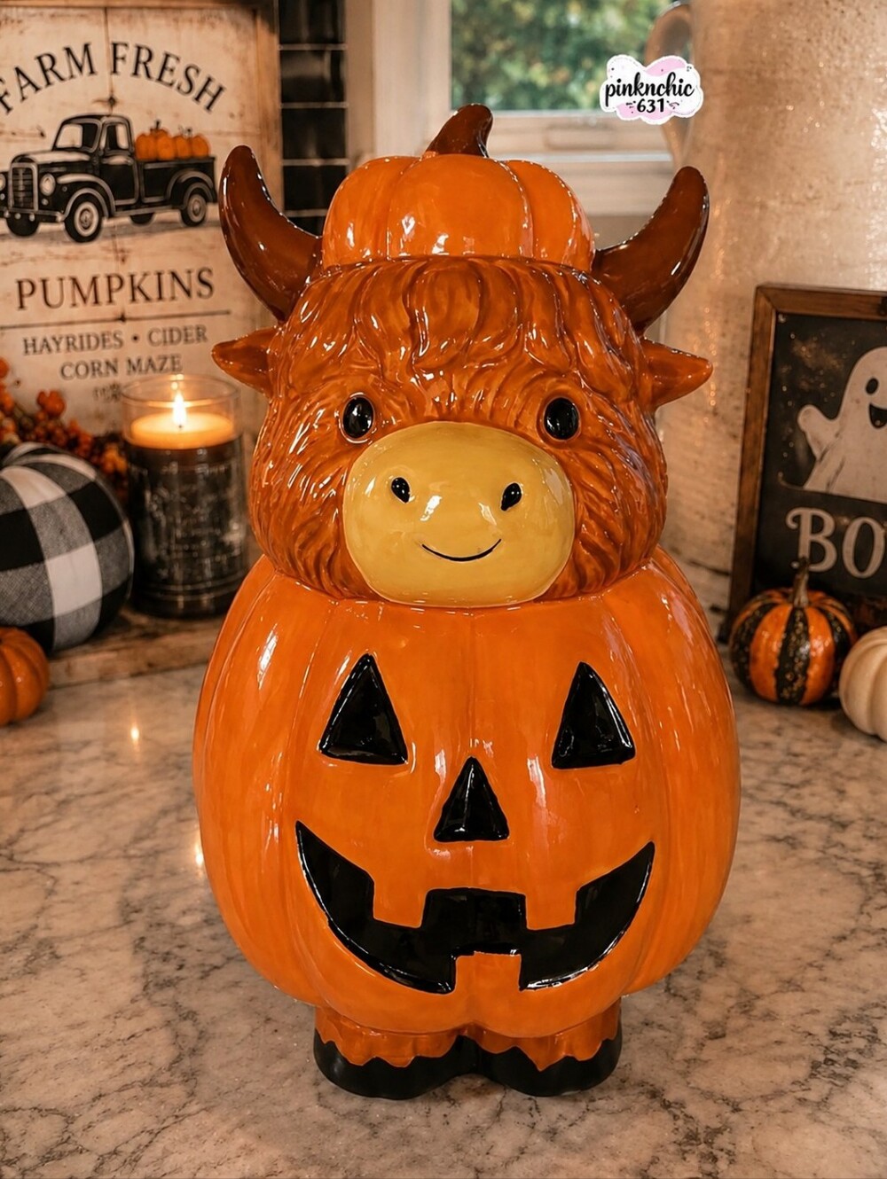 West Highland Cow Jack-o'-lantern Pumpkin Halloween Cookie Jar